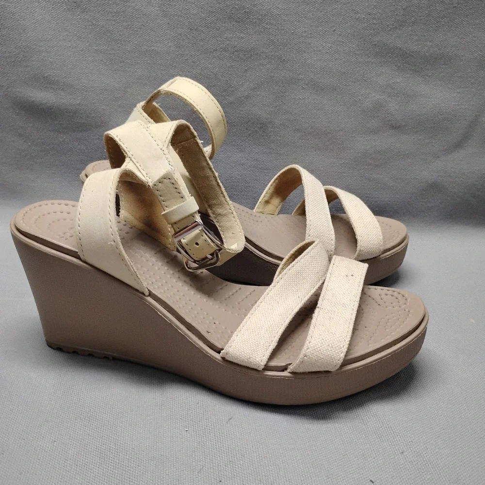 Crocs Leigh Sandal Womens Size 6 Beige Canvas Ankle Strap Wedge Heels 11382